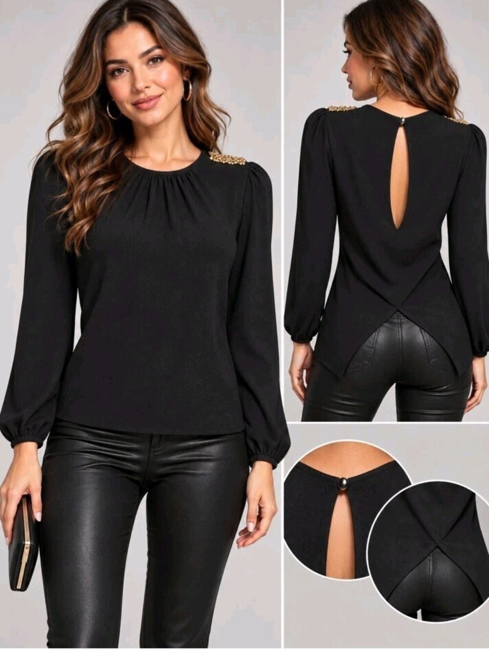 Zara Top XS black long-sleeve blouse gold beaded rhinestones On Shoulder #CC